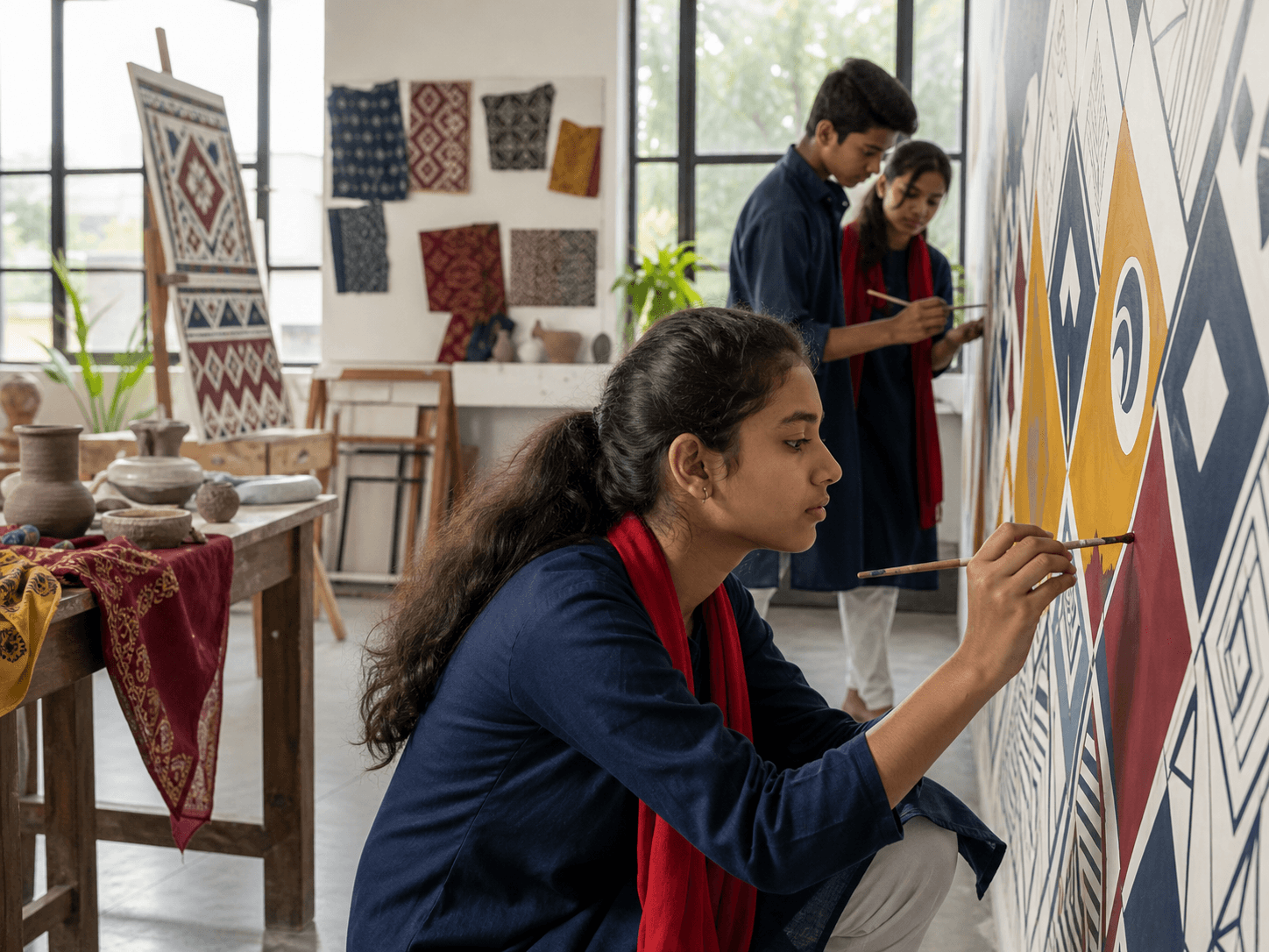 Students painting a geometric mural in the art studio